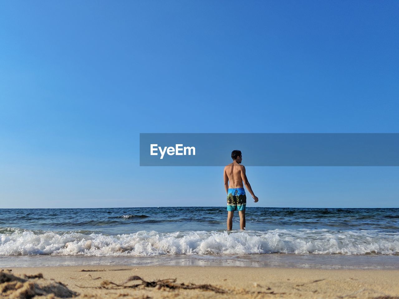 Rear view of shirtless man standing on shore at beach against clear sky