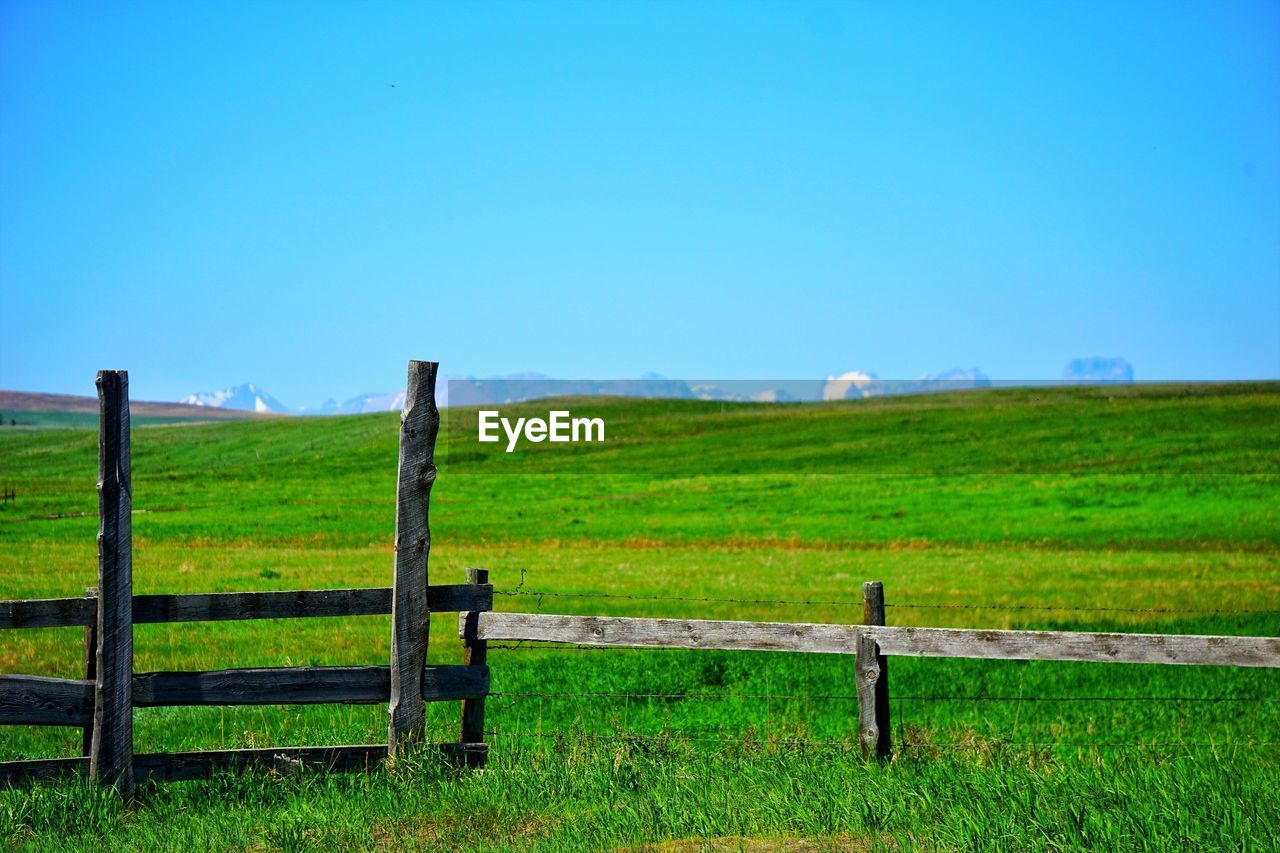 Wooden fence in field against clear blue sky