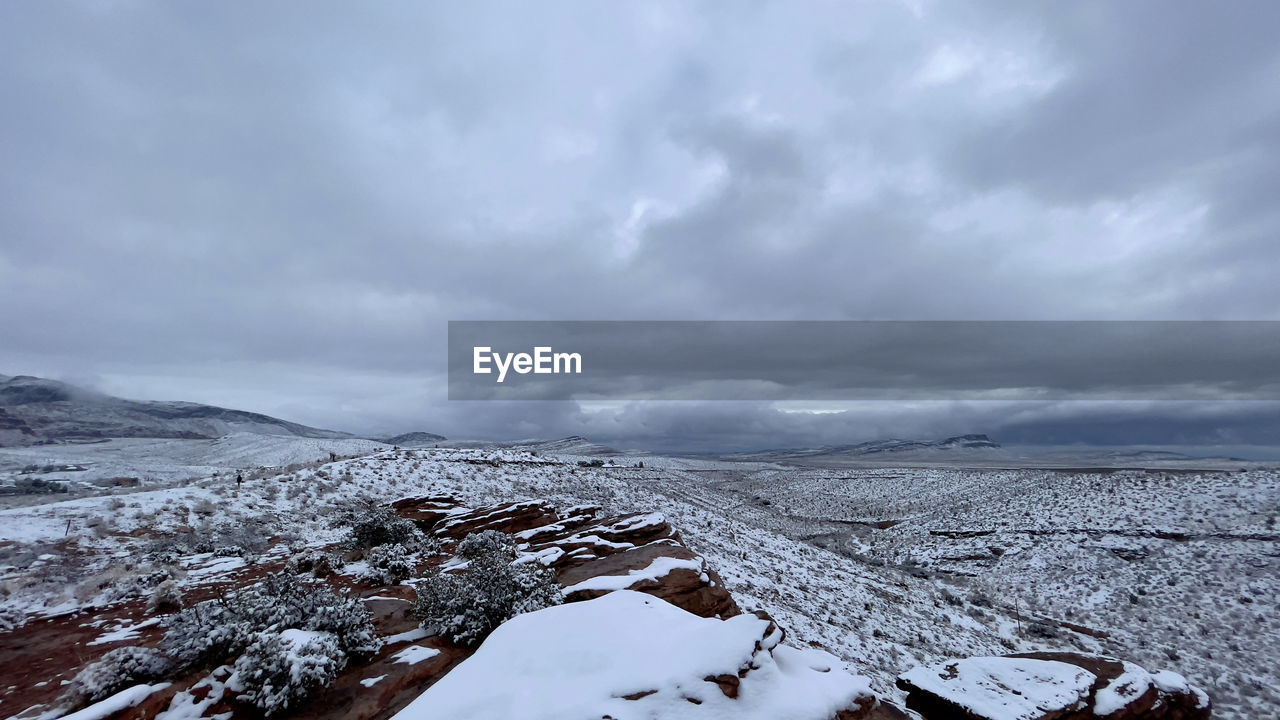 SNOW COVERED LANDSCAPE AGAINST CLOUDY SKY