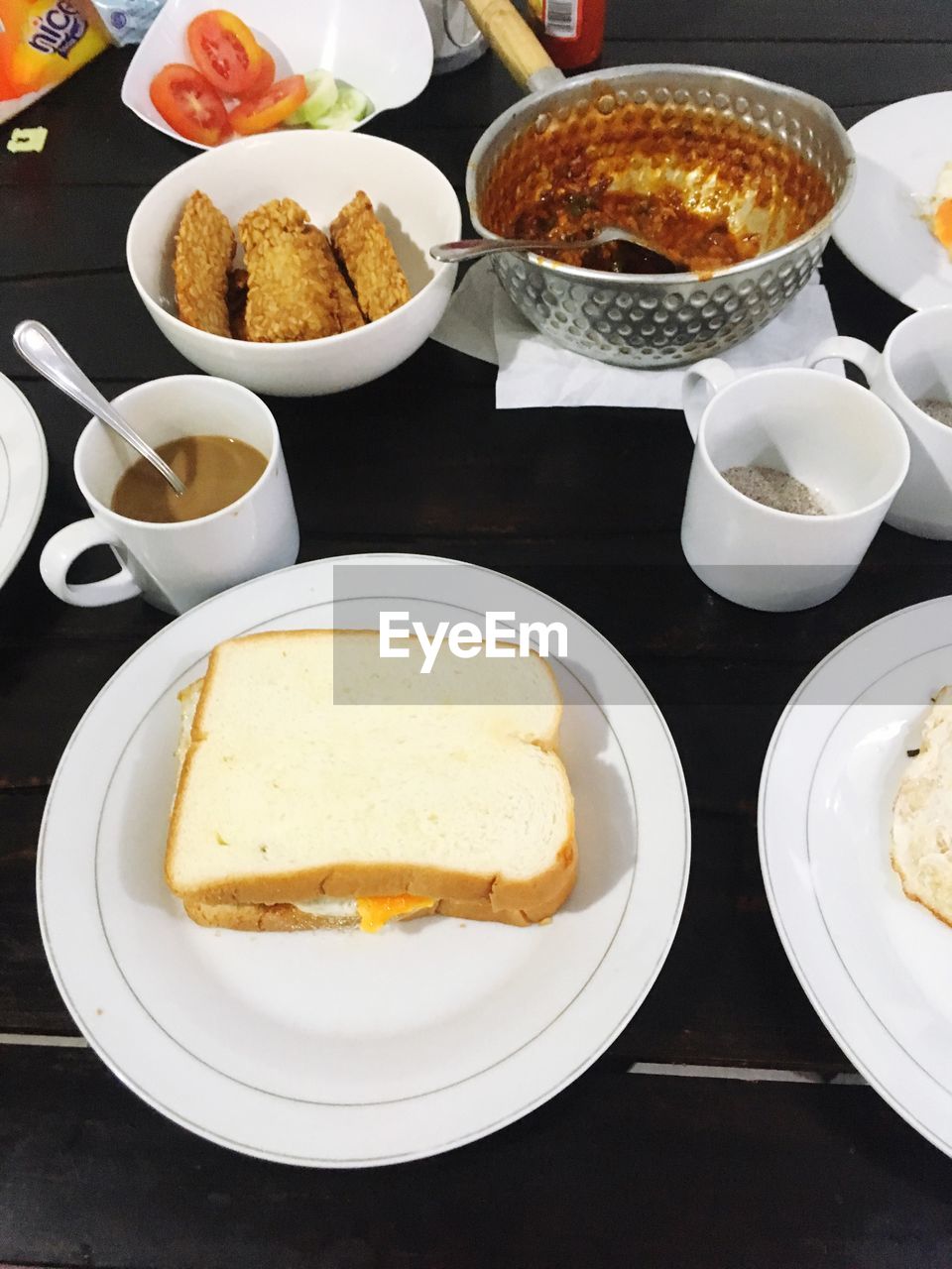 High angle view of breakfast served on table