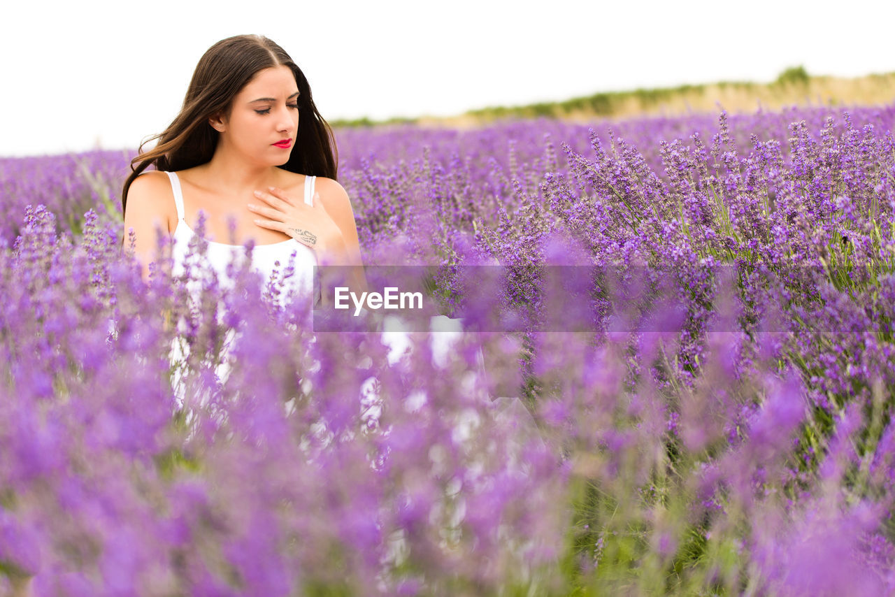 Young woman in dress sitting on lavender field