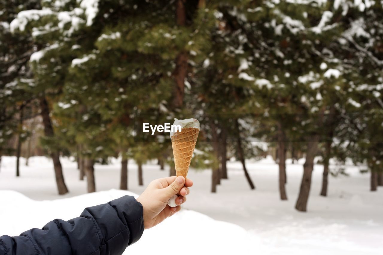 Close-up of hand holding ice cream cone during winter