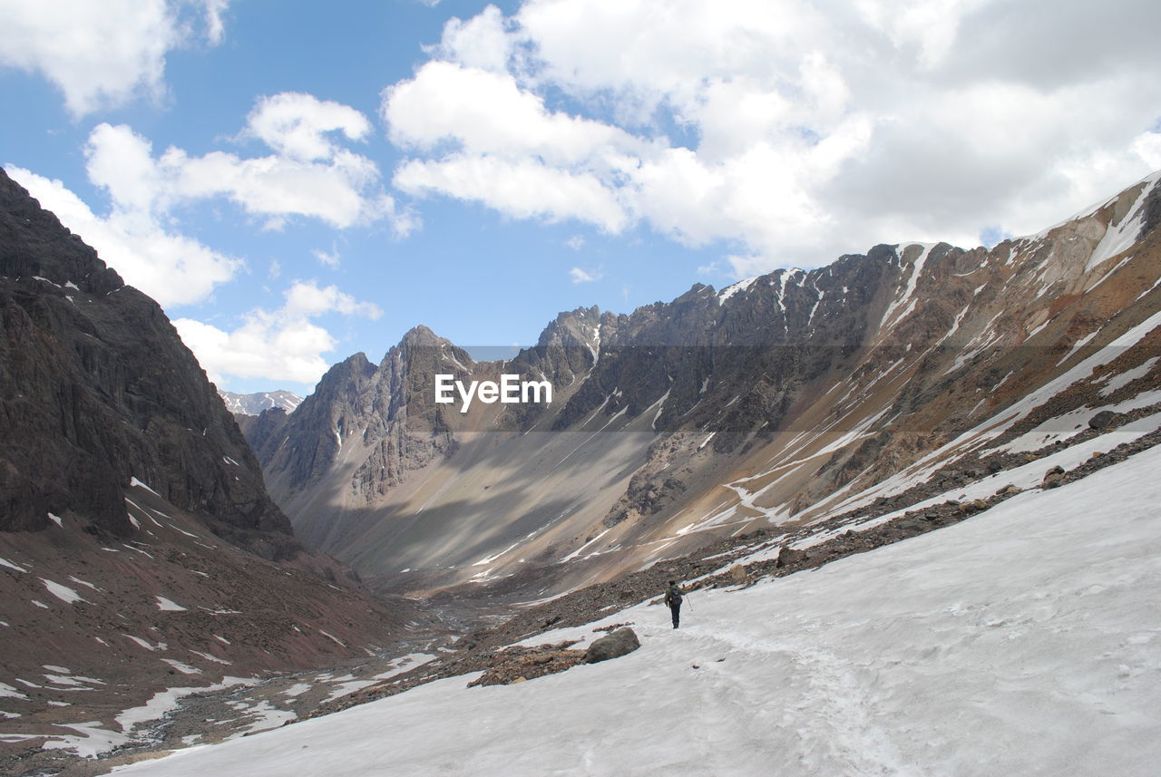 View of snowcapped mountain against cloudy sky