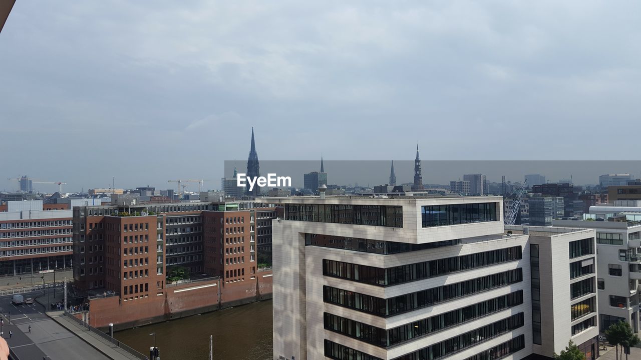 High angle view of buildings against sky