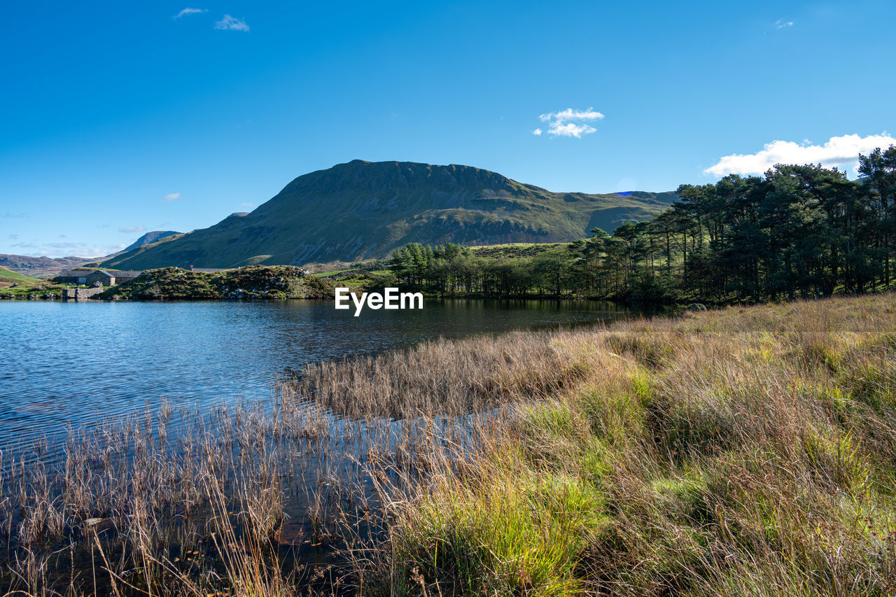 SCENIC VIEW OF LAKE BY MOUNTAIN AGAINST SKY