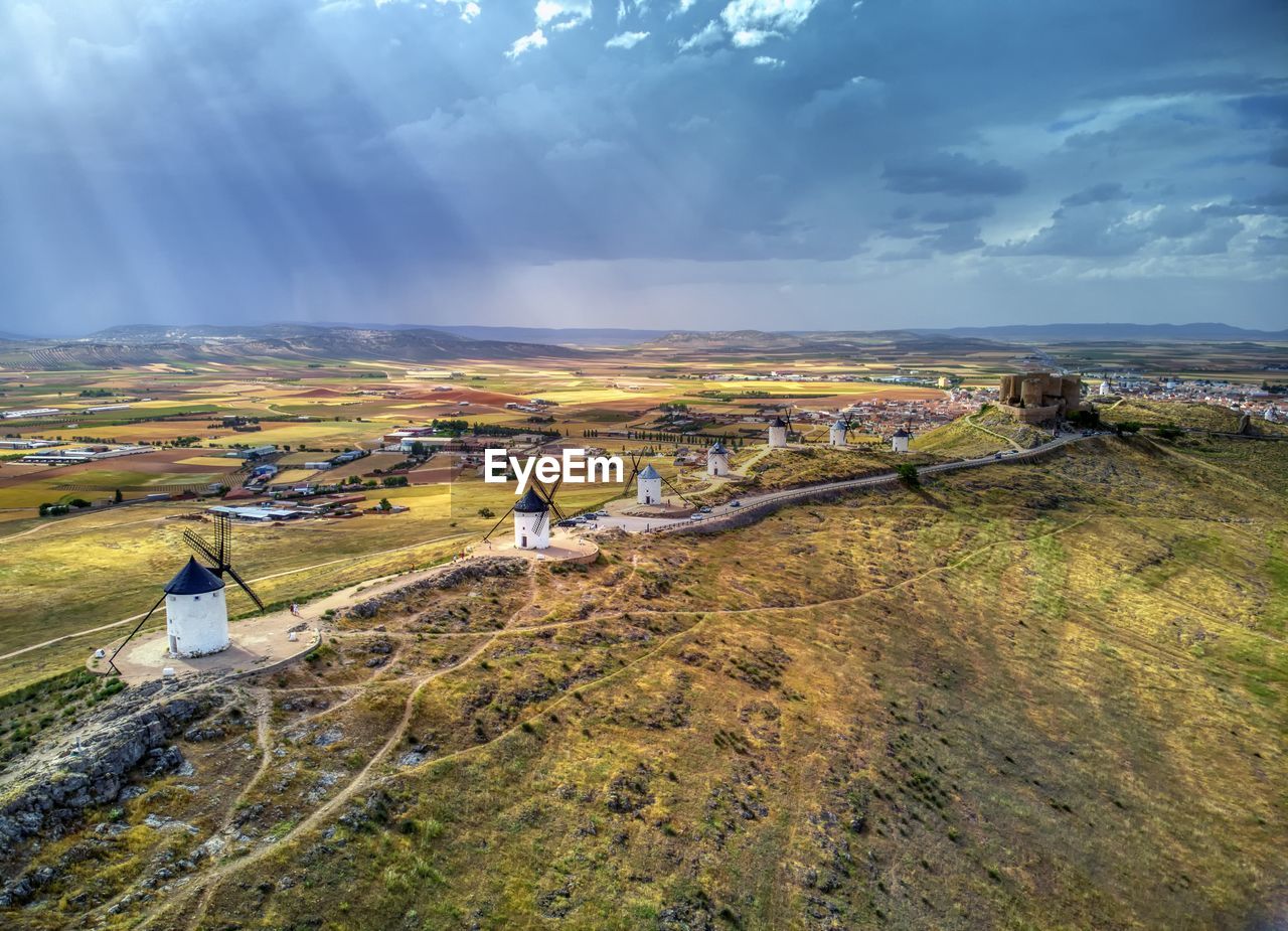 Windmills of cervantes don quixote in consuegra. castile la mancha, spain, europe. aerial view.