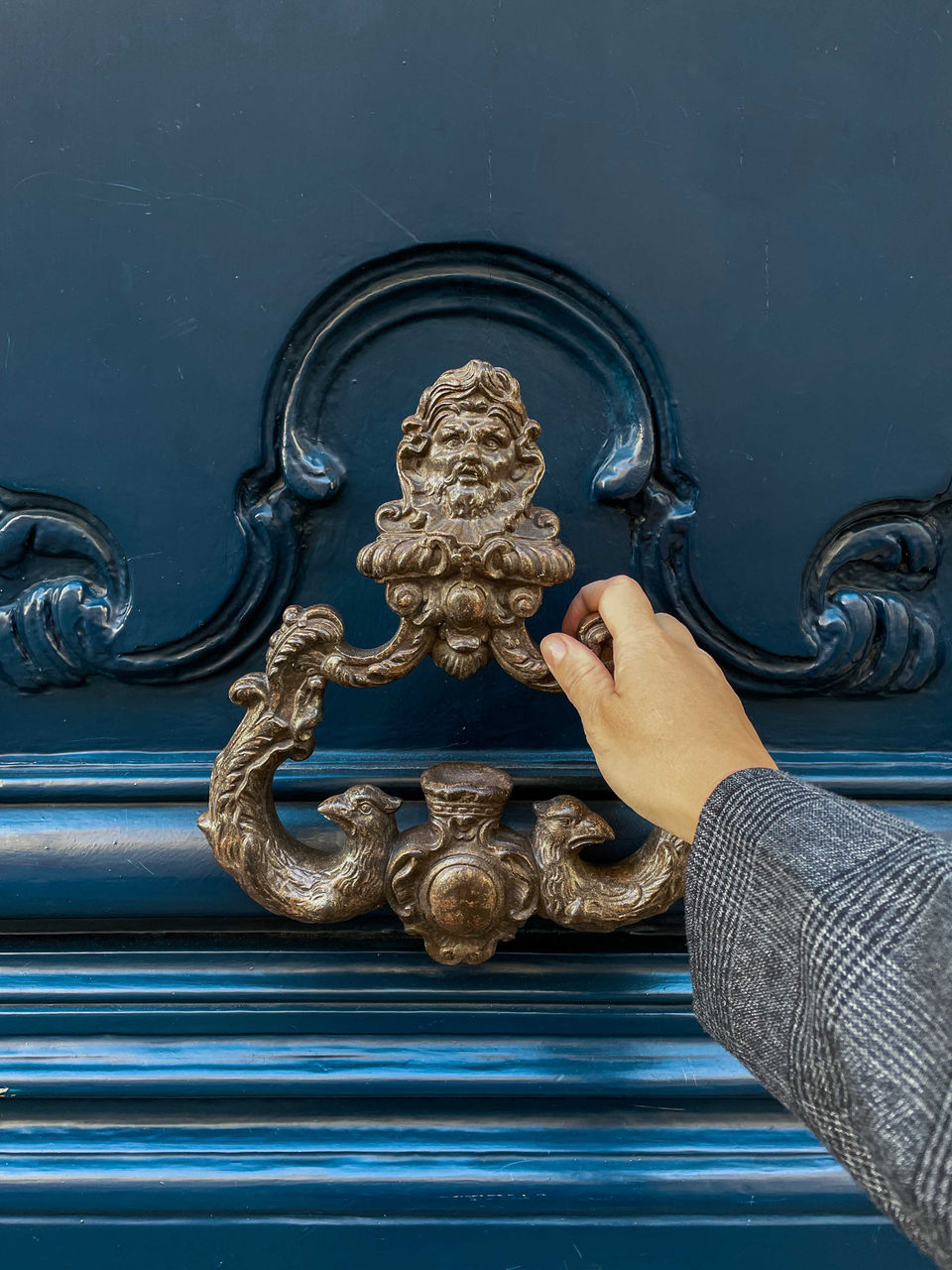 metal, sculpture, statue, animal, craft, hand, blue, architecture, entrance, animal wildlife, lion - feline, representation, door, door knocker, creativity