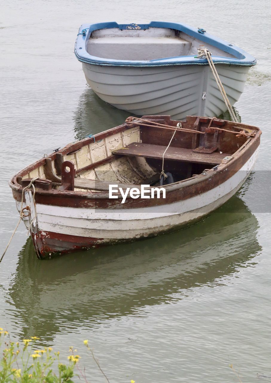 High angle view of boat moored in lake