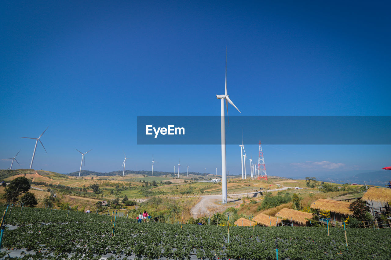 WINDMILLS ON FIELD AGAINST SKY