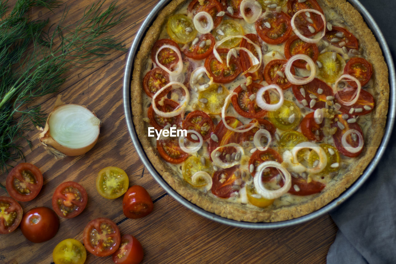 Directly above shot of pizza on table