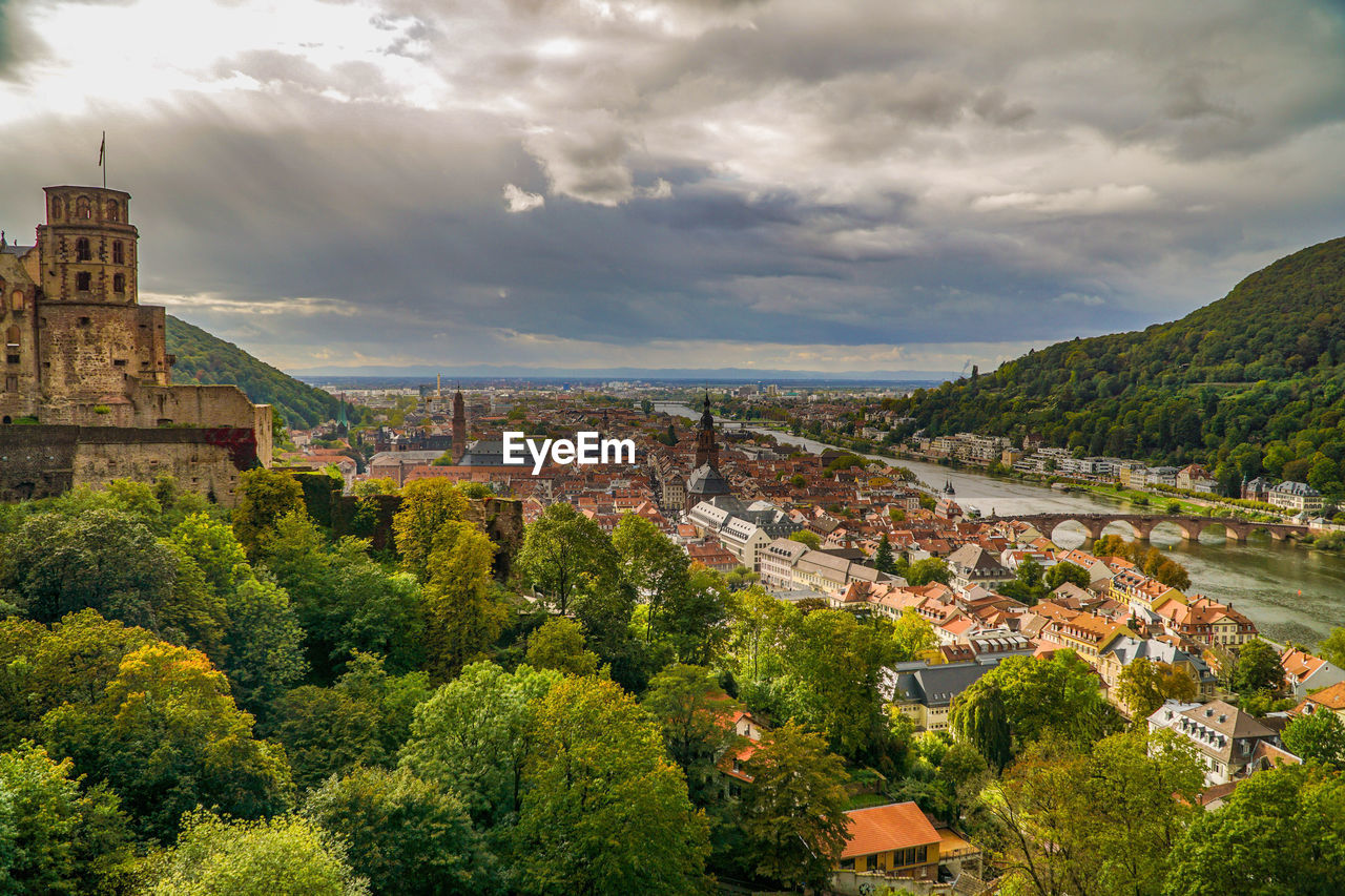 High angle view of buildings in town