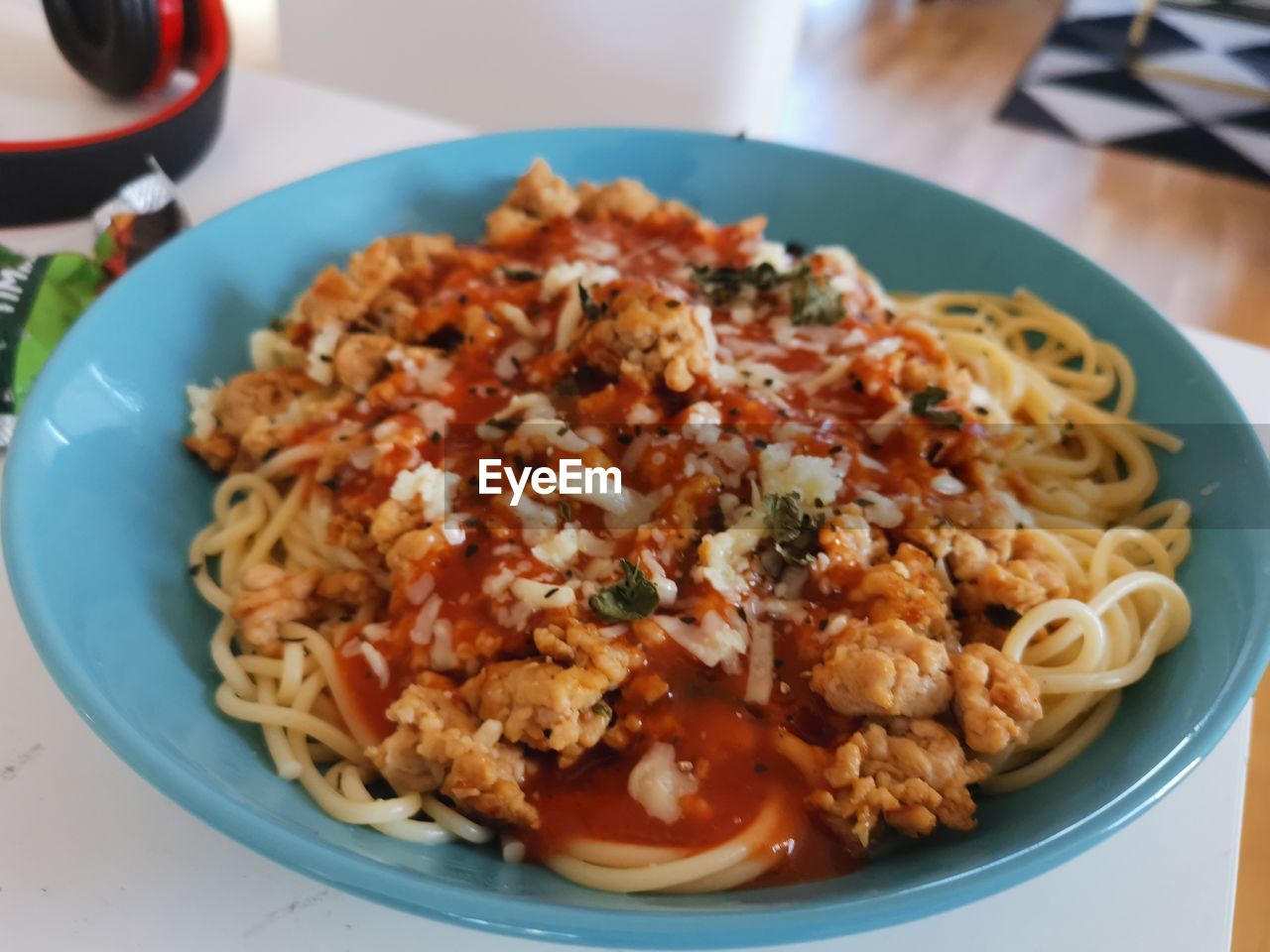 High angle view of meal served in plate on table