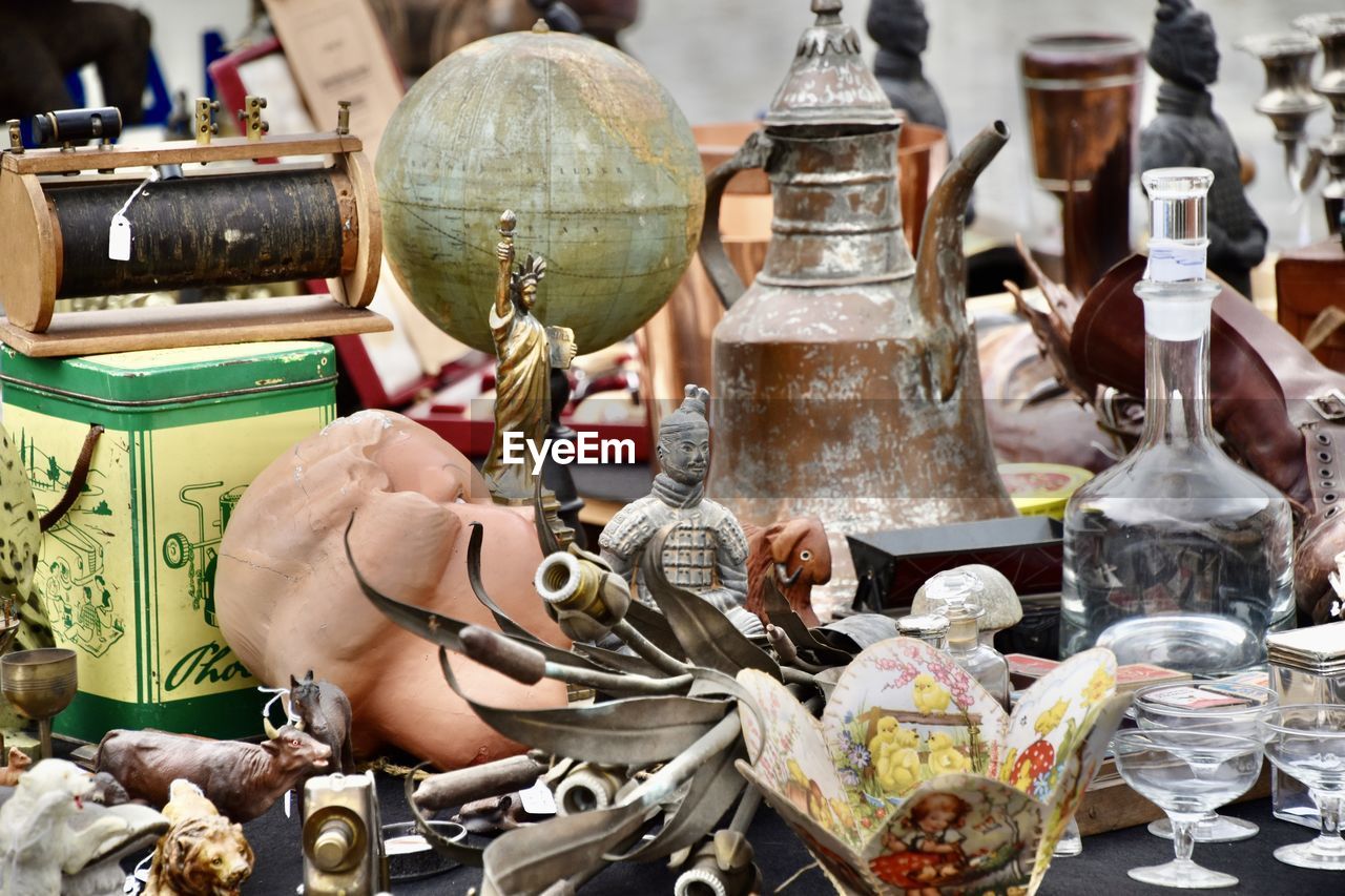 Close-up of goods for sale on flea market