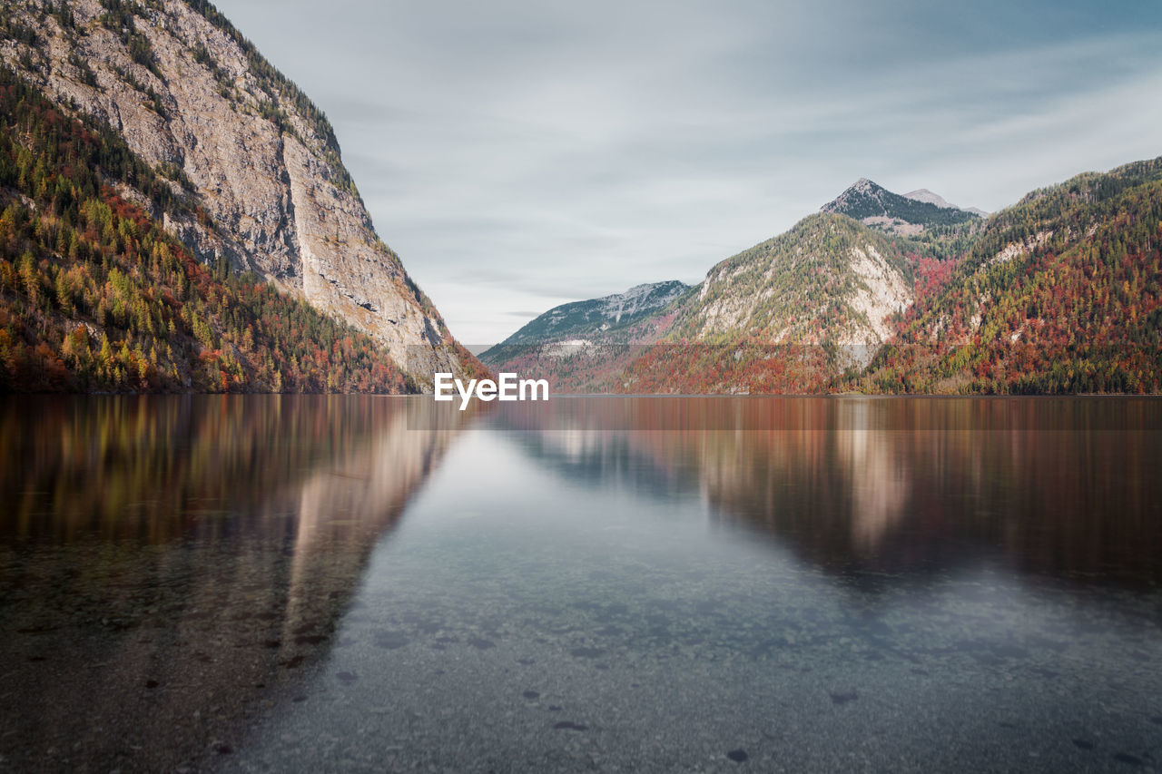 Scenic view of lake and mountains against sky