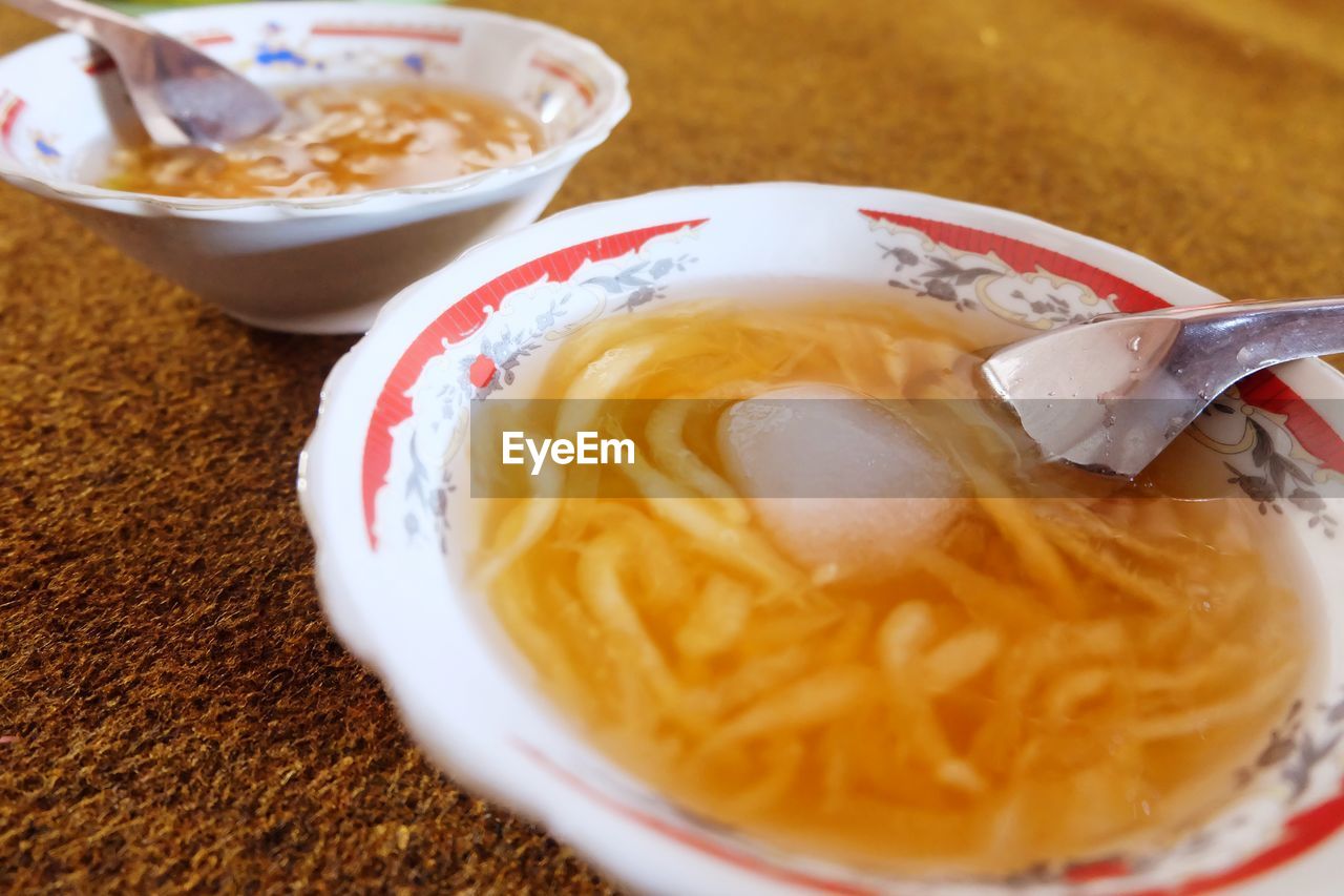 High angle view of soup in bowl on table