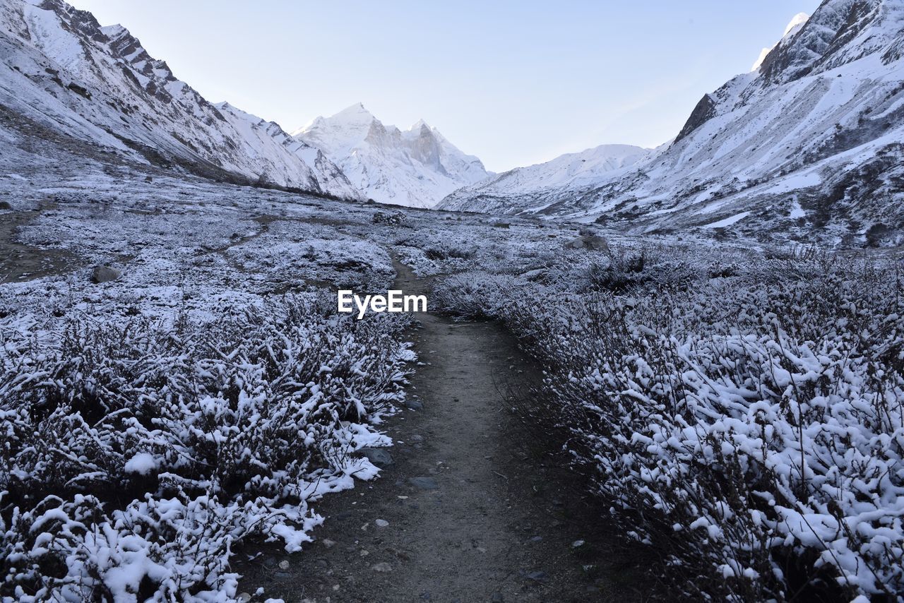 Scenic view of snowcapped mountains against sky