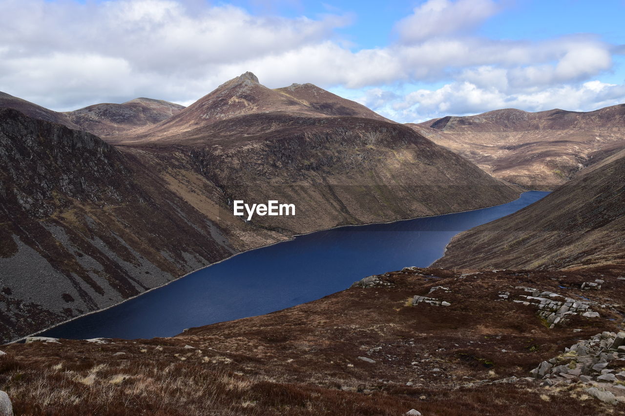 Scenic view of lake and mountains against sky