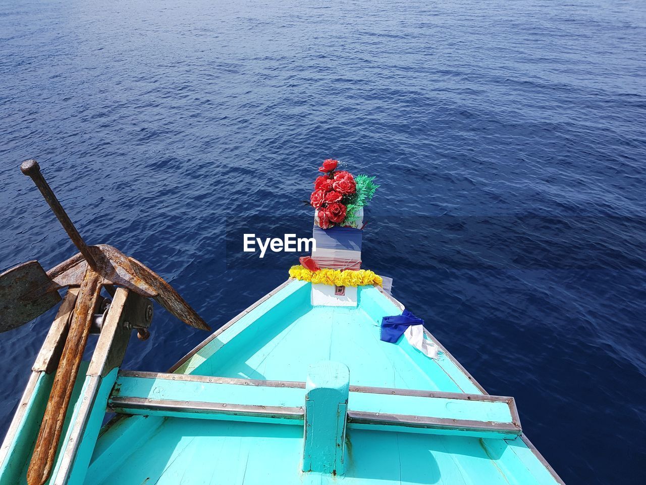 High angle view of red boat in sea