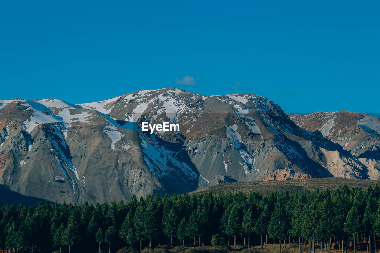 Panoramic view of snowcapped mountains against clear blue sky