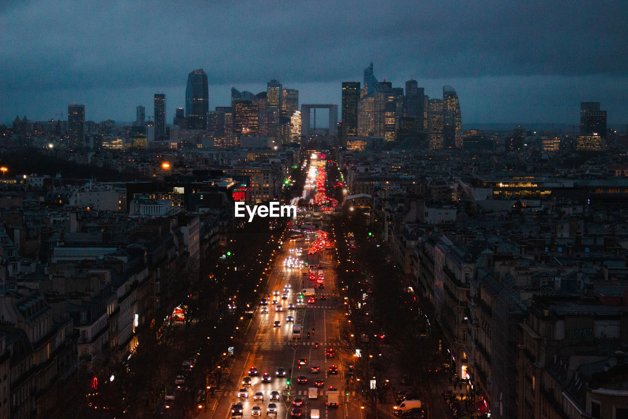 High angle view of illuminated buildings in city