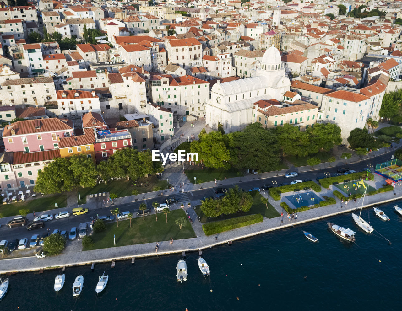 High angle view of buildings in city