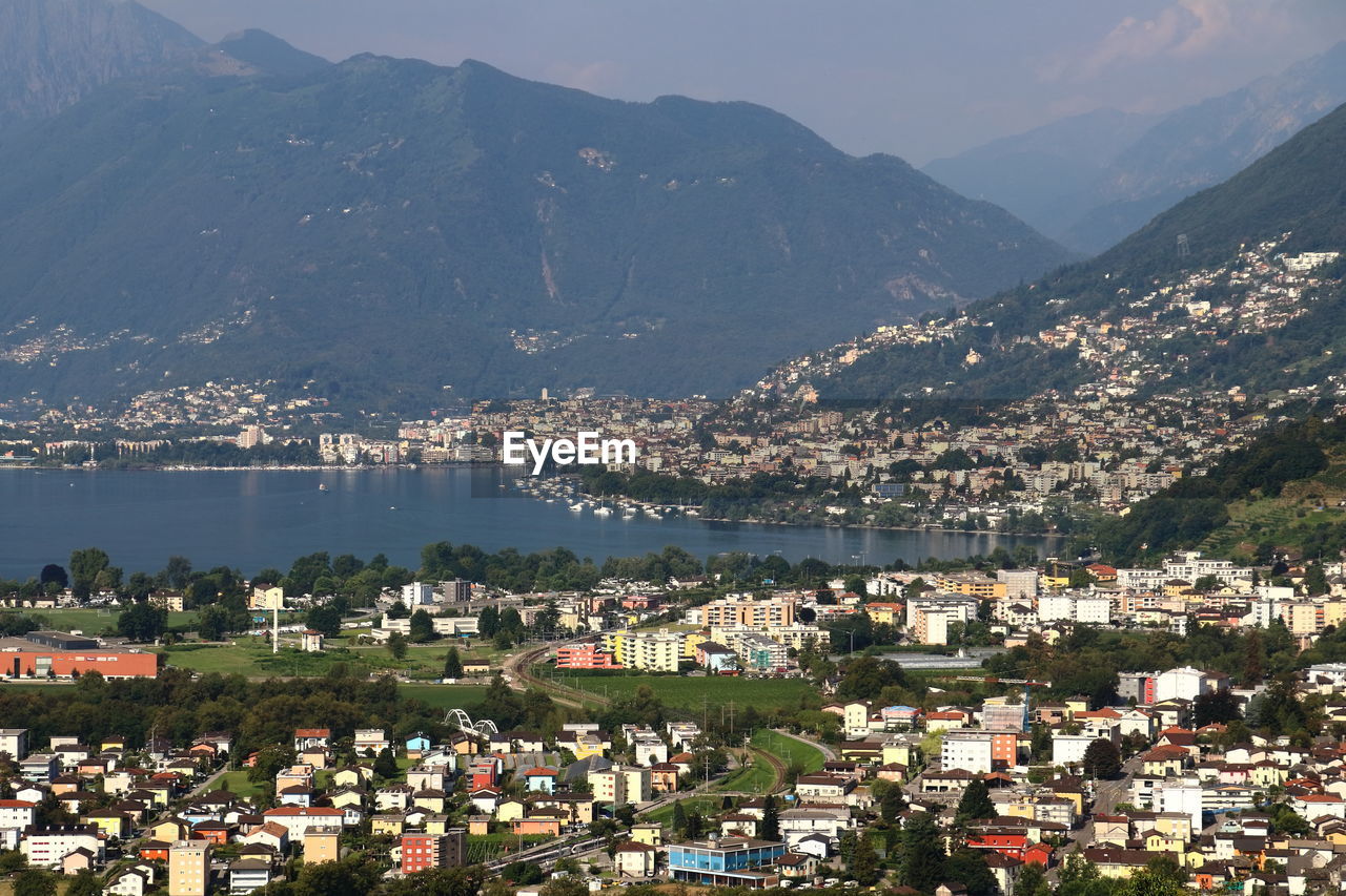 High angle view of town against sky