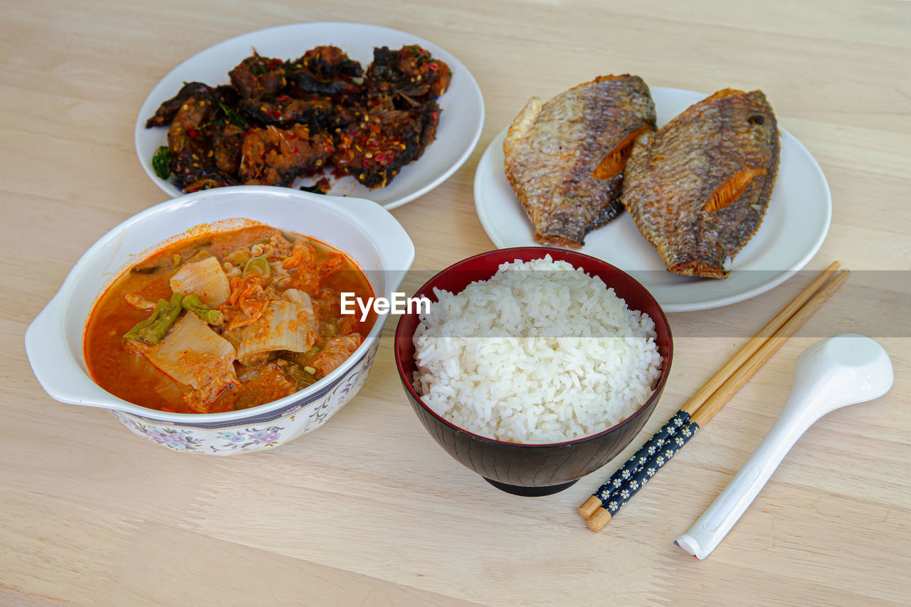 HIGH ANGLE VIEW OF FOOD IN PLATE ON TABLE