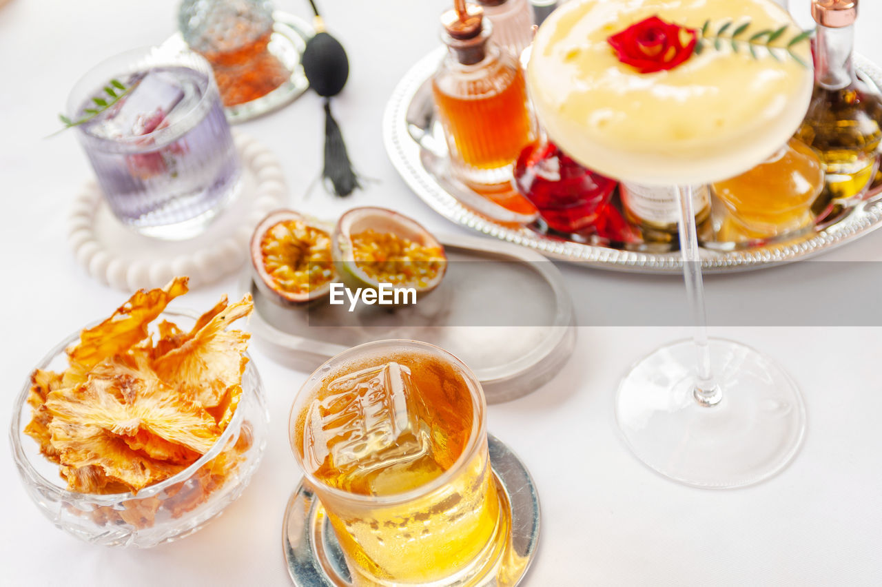 high angle view of food in bowls on table