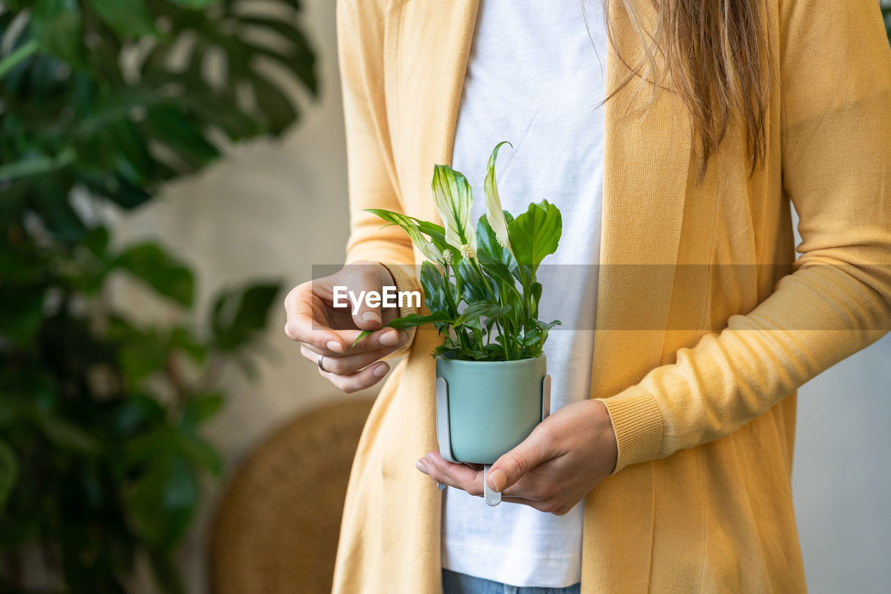 MIDSECTION OF WOMAN HOLDING PLANT STANDING BY WALL