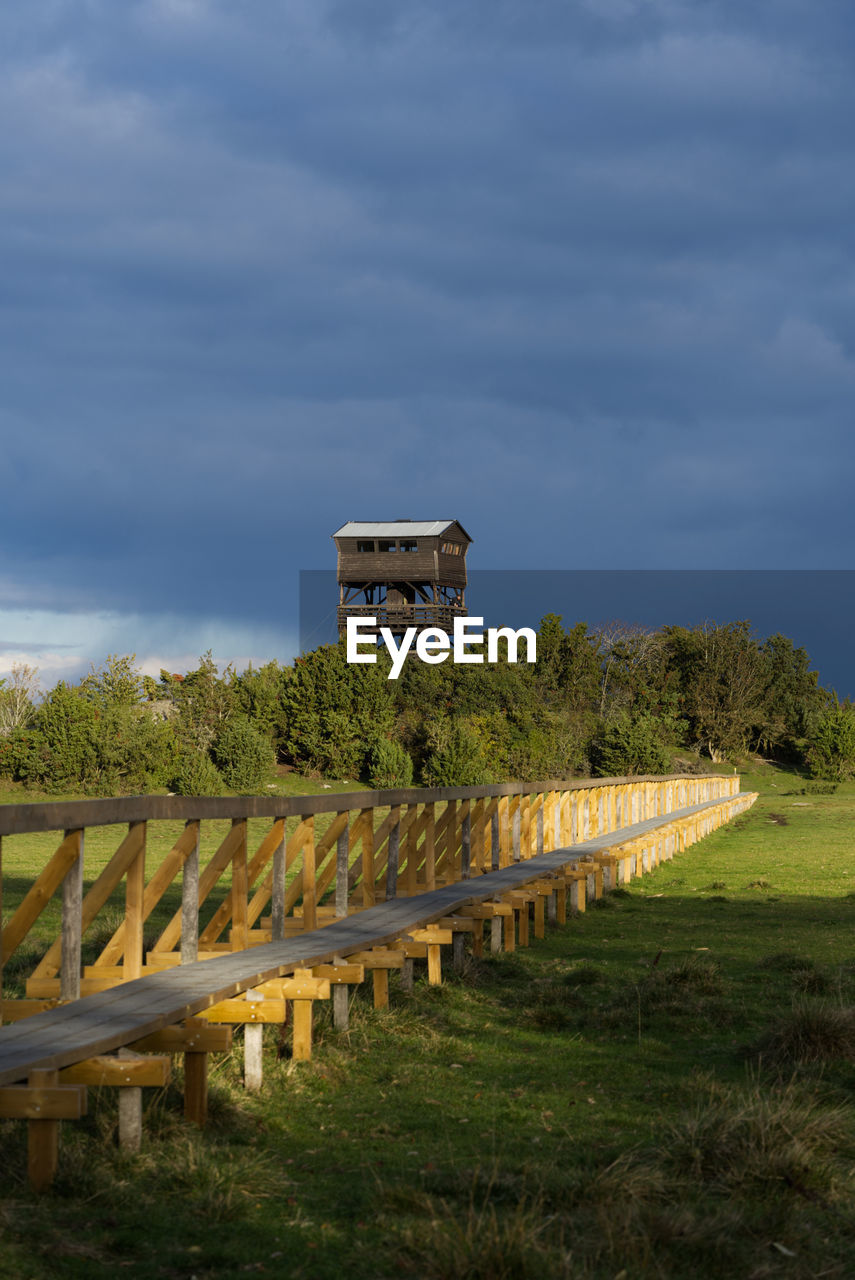 Bird watching tower on moody day in fall 