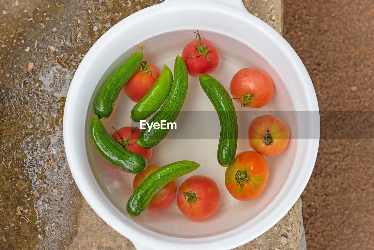 High angle view of vegetables in bowl on table