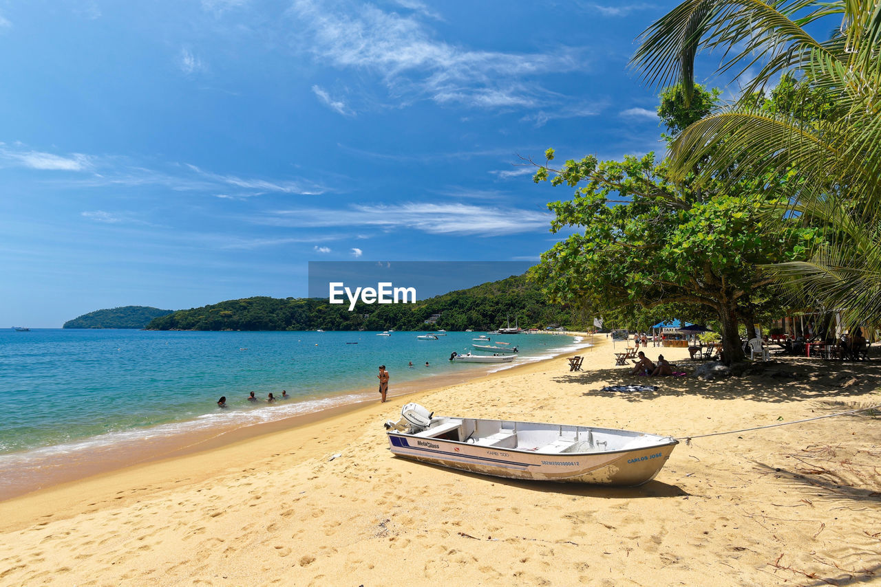 BOAT ON BEACH AGAINST SKY