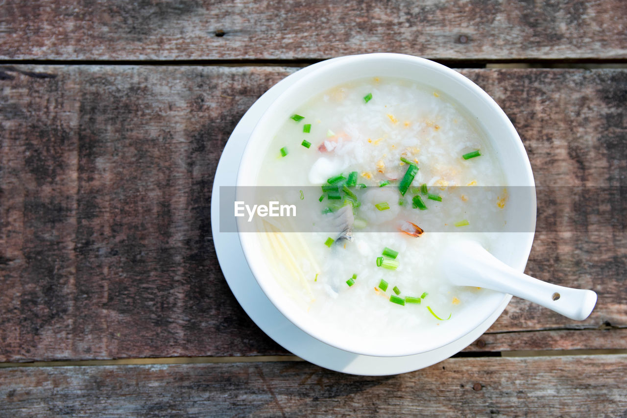 High angle view of soup in bowl on table