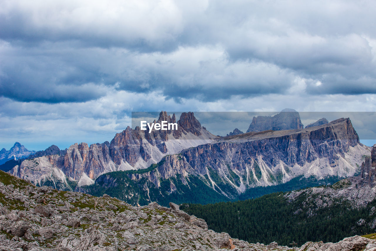 Scenic view of mountains against cloudy sky