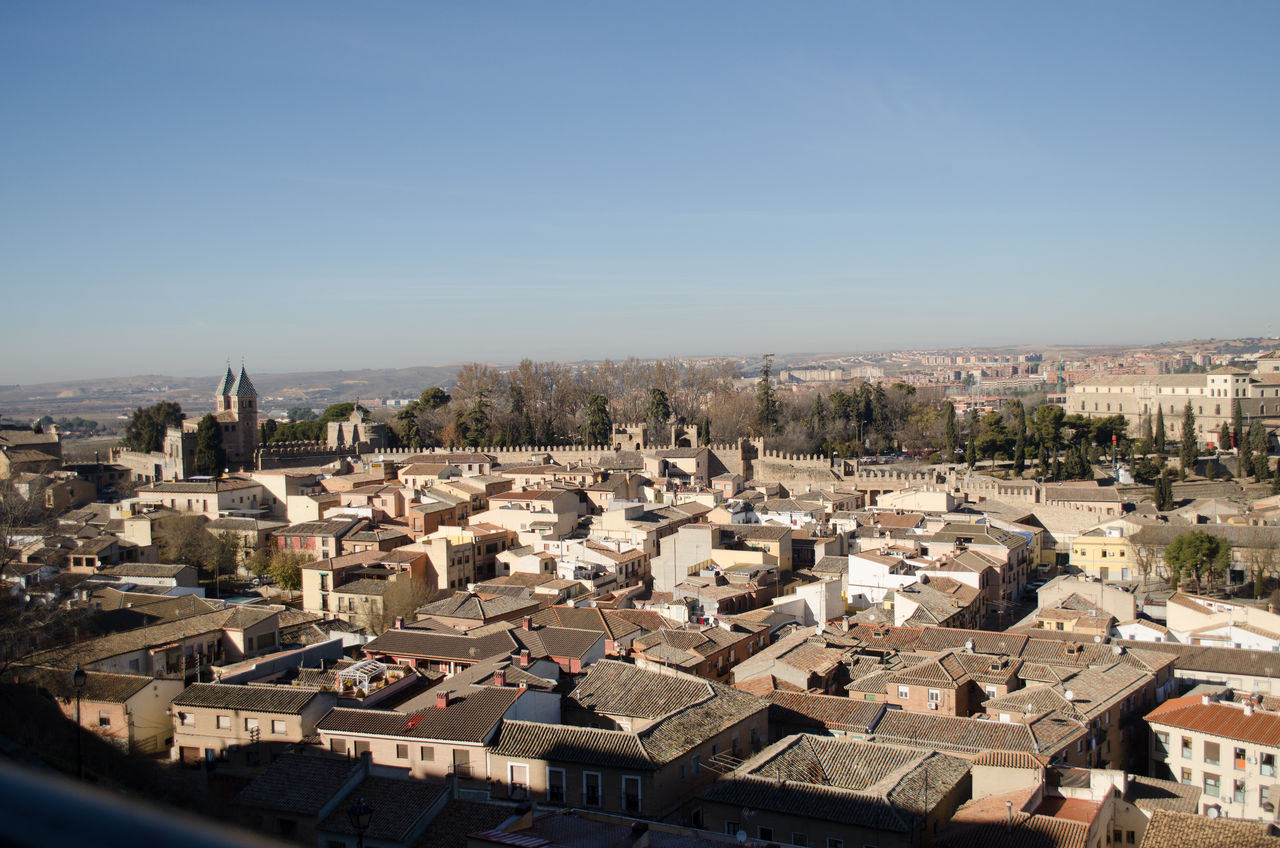 High angle view of townscape against clear sky