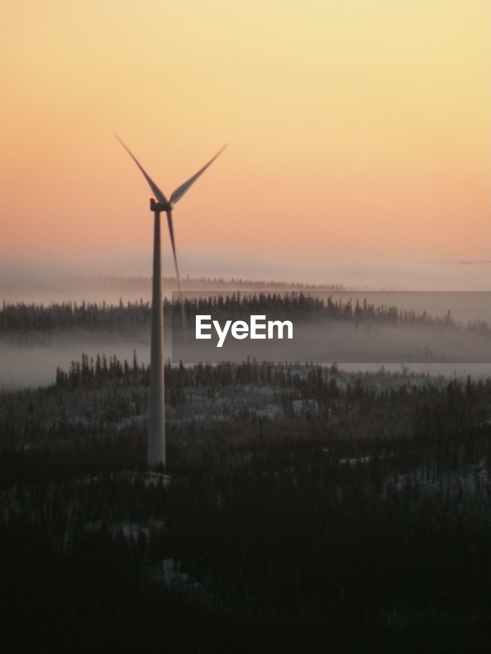 Wind turbine in field at sunset