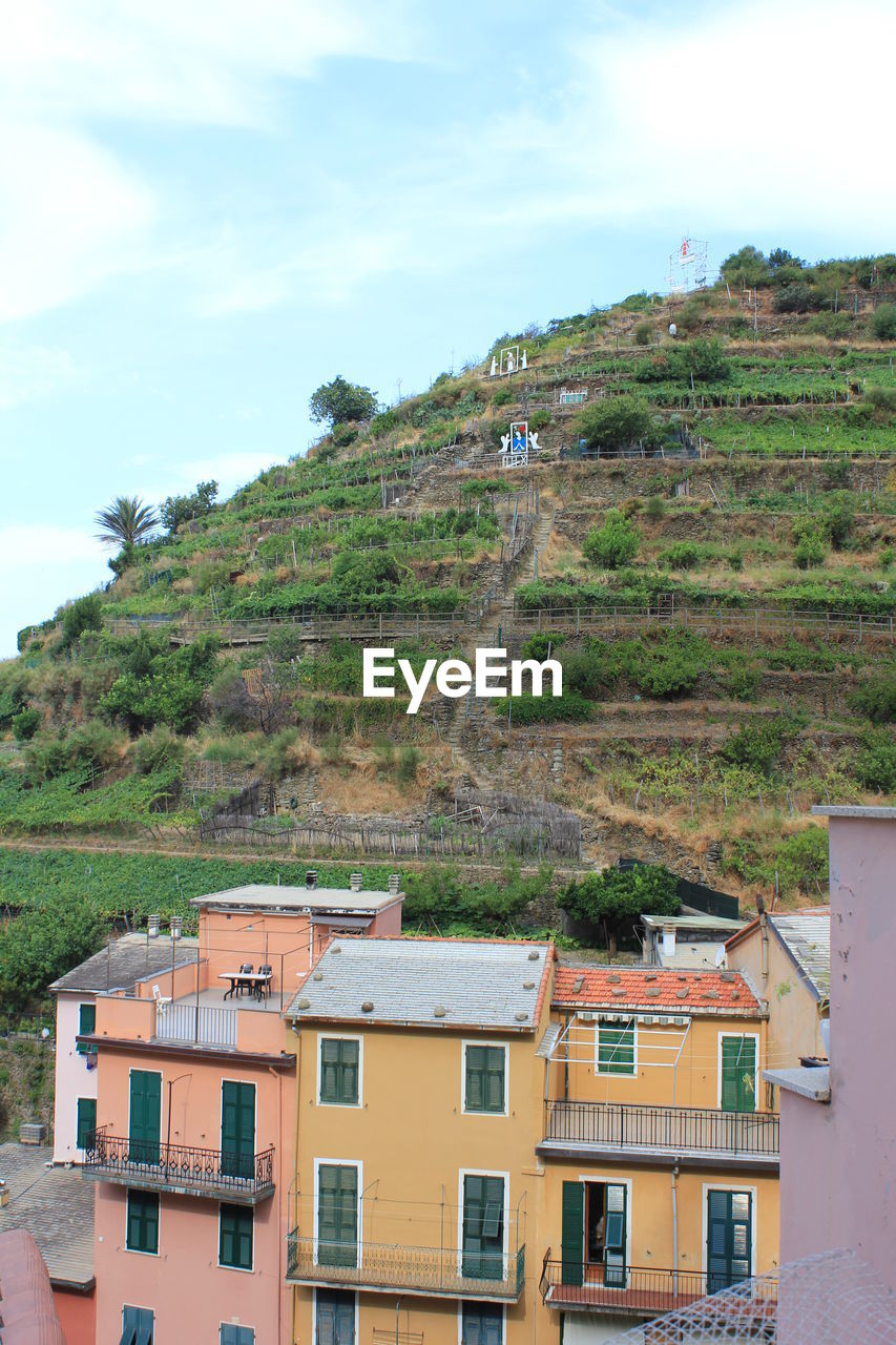 High angle view of buildings against landscape