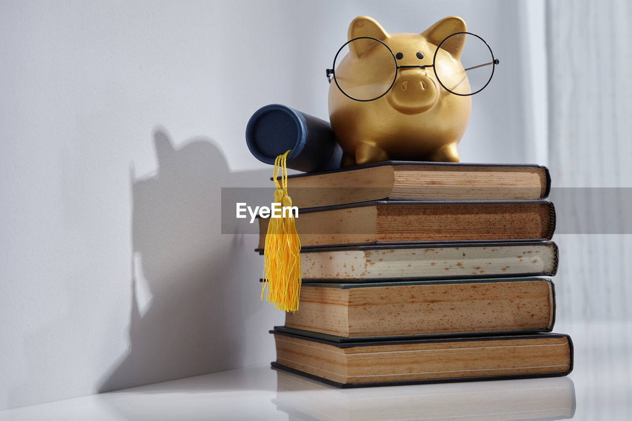 Piggy bank wearing eyeglasses on top of books with scroll of certificate