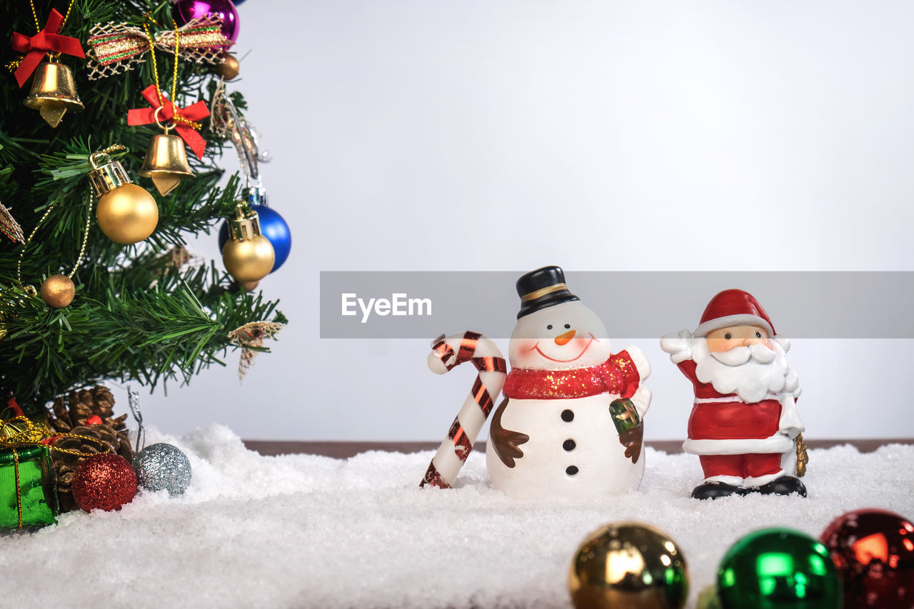 Close-up of christmas decorations against white background