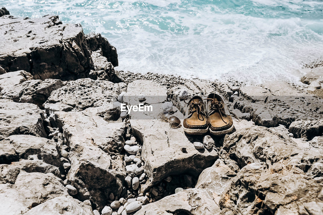 Shoes and glasses on the beach