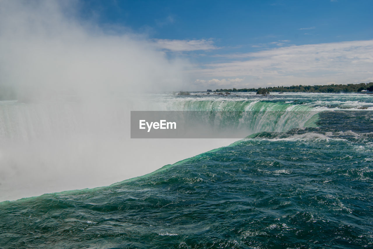 Scenic view of waterfall against sky