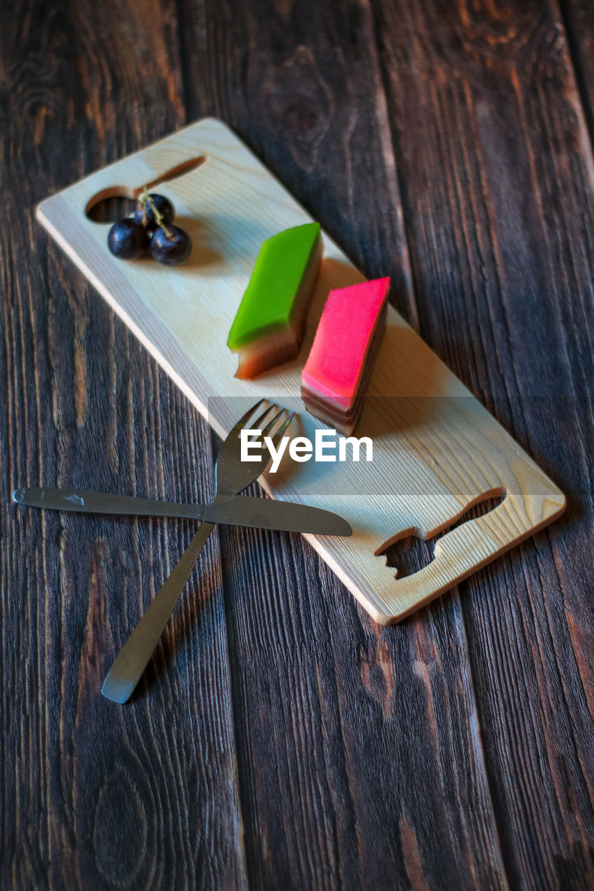 High angle view of sweet food on cutting board