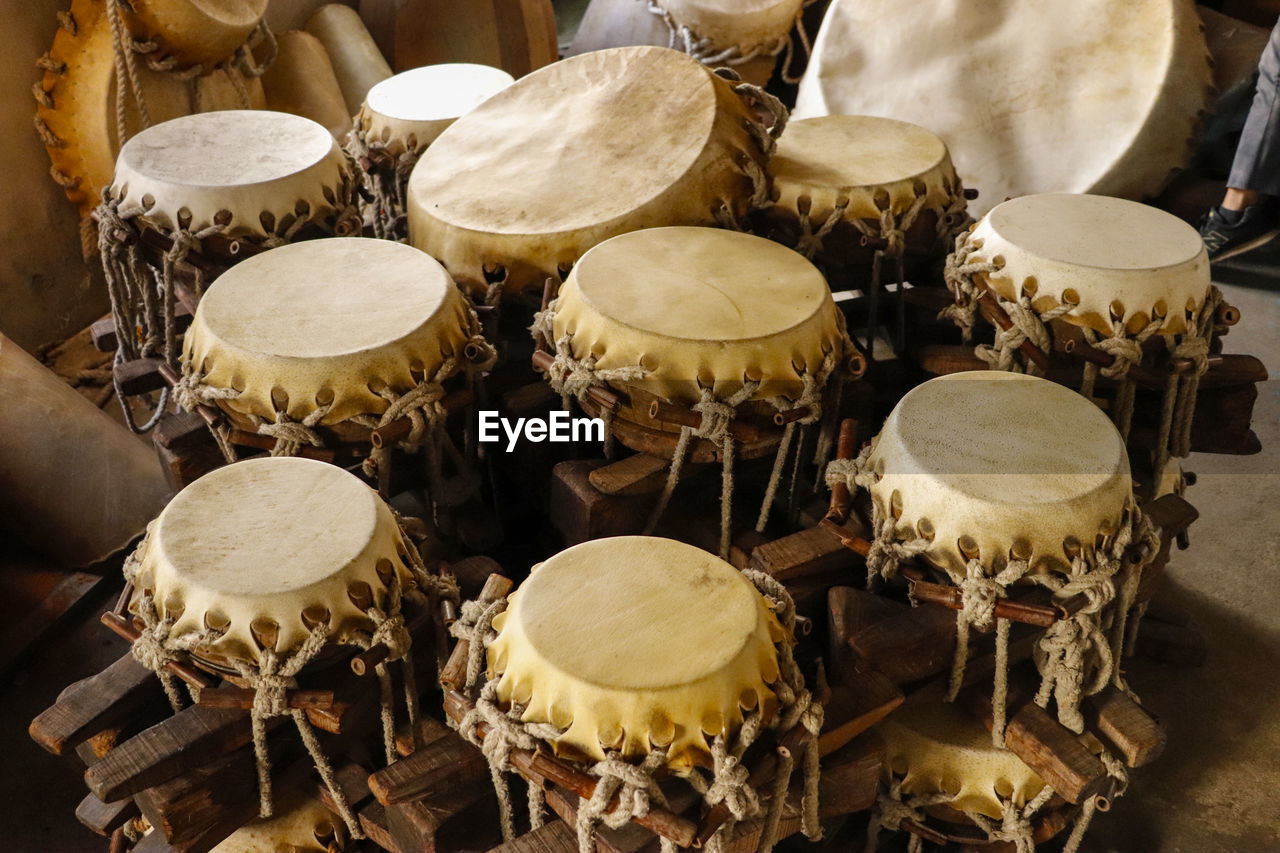 Close-up of traditional drums