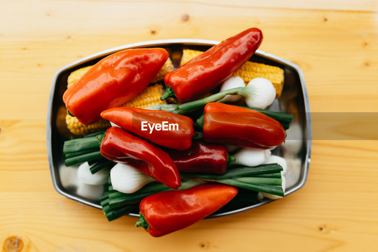 High angle view of vegetables on table