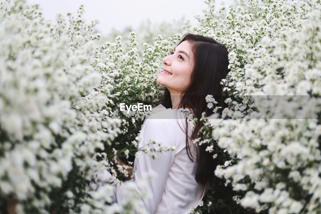 Beautiful woman standing by flowering plants