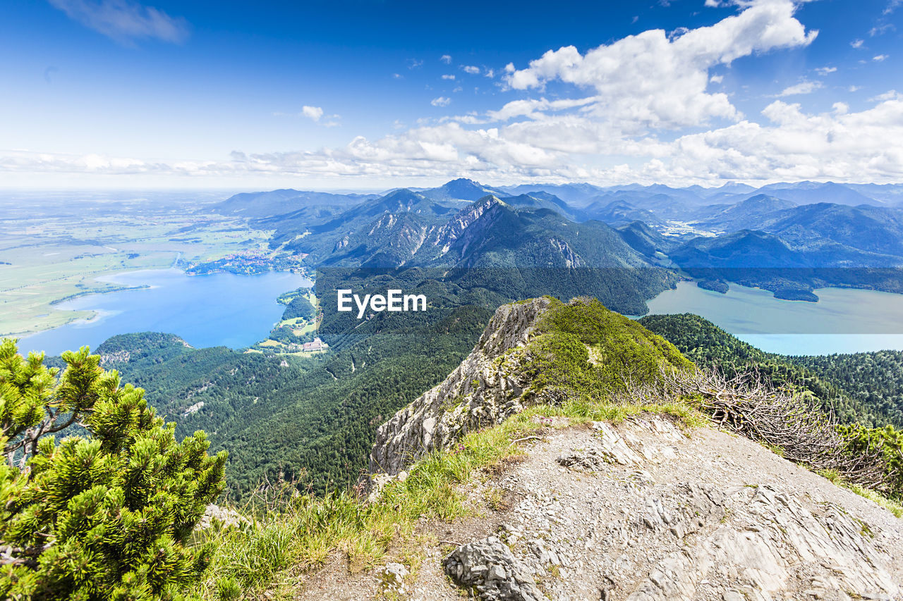 Scenic view of mountains and sea against sky