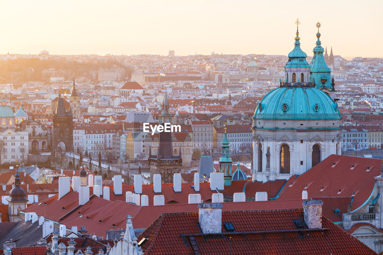 Sunrise view st nicholas church and the old town of prague.