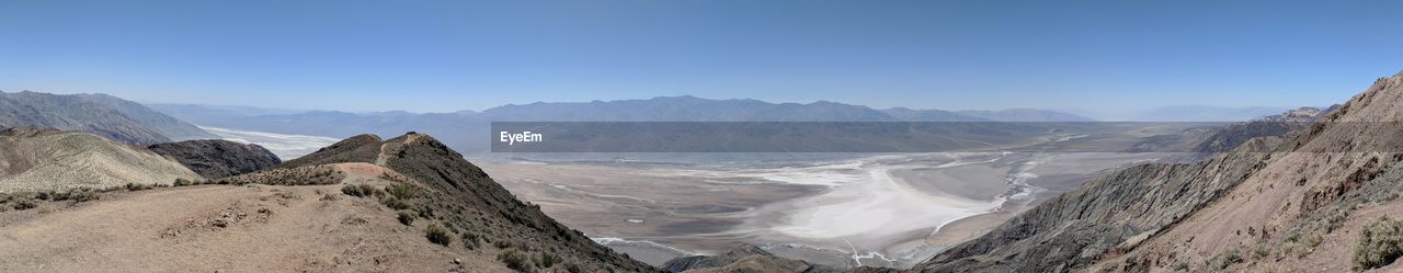 Panoramic view of mountains against clear blue sky