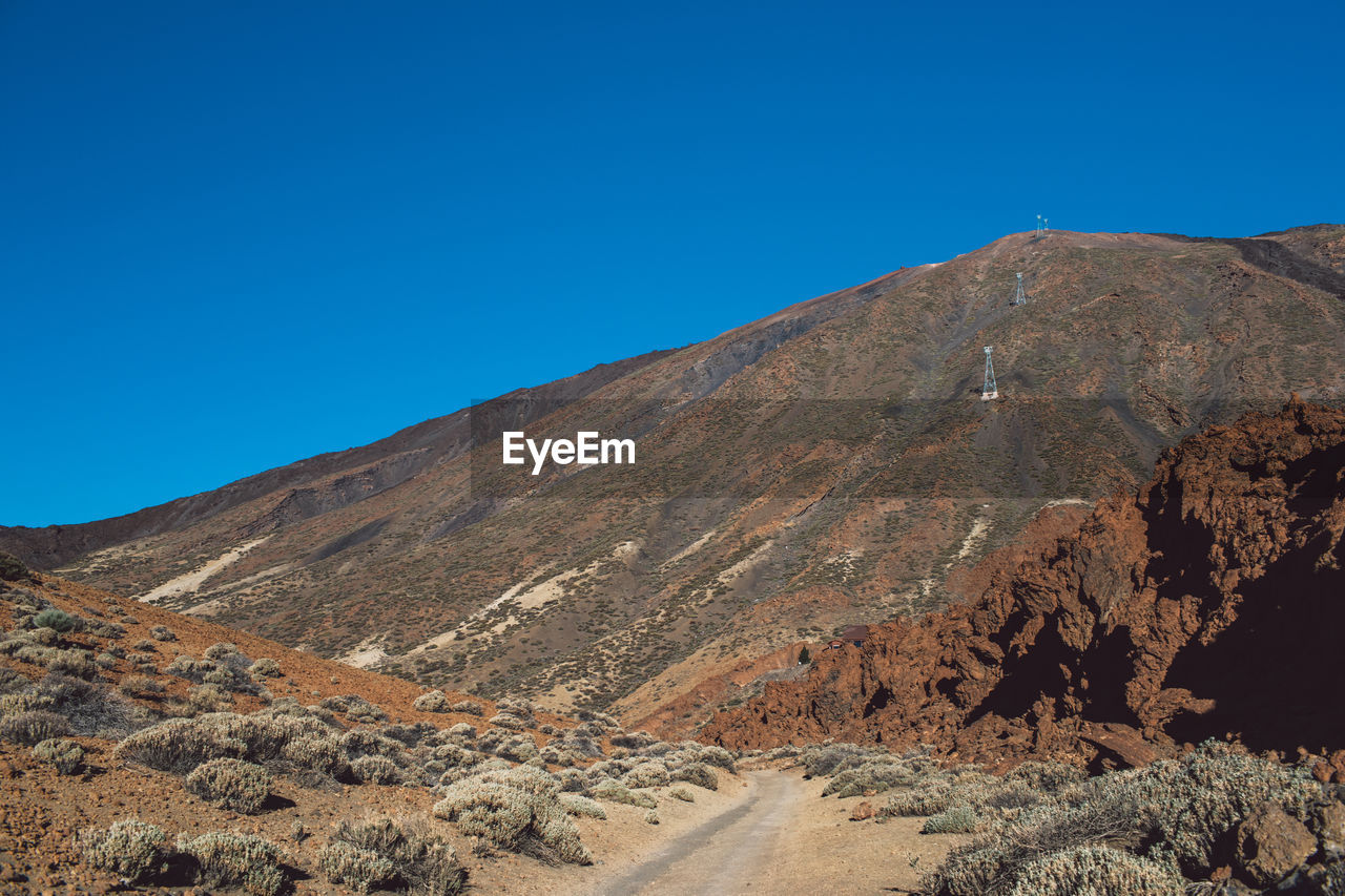 Scenic view of desert against clear blue sky