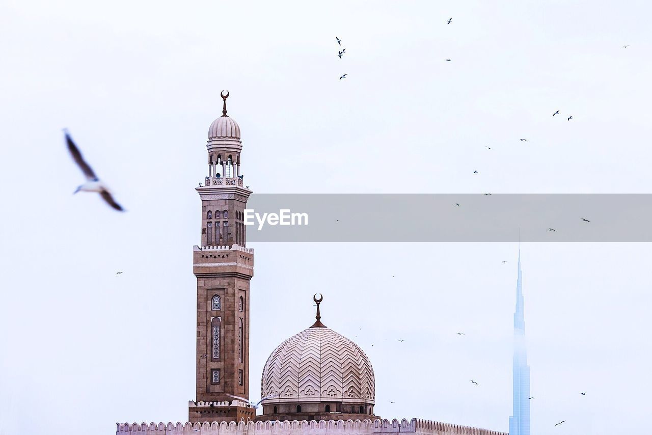Low angle view of birds flying by historic mosque against clear sky